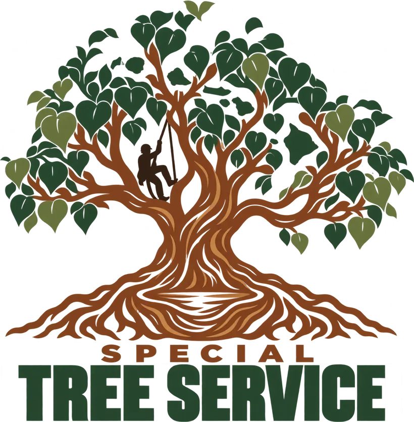 The Special Tree Service logo: a tree with a climber on a rope in its branches and the Hawaiian islands in its leaves