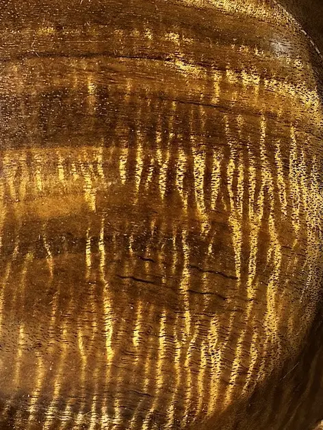 Close in on koa in Kaleb’s curly koa bowl: ripples of golden curl across brown heartwood